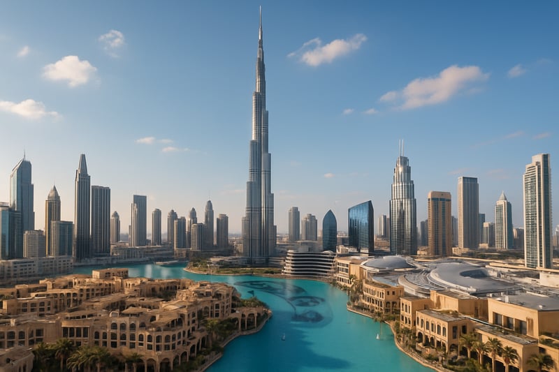 A panoramic view of Dubai's skyline, featuring the Burj Khalifa and luxury resorts.