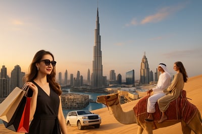 Dubai cityscape featuring Burj Khalifa, luxury shopping, and desert adventure